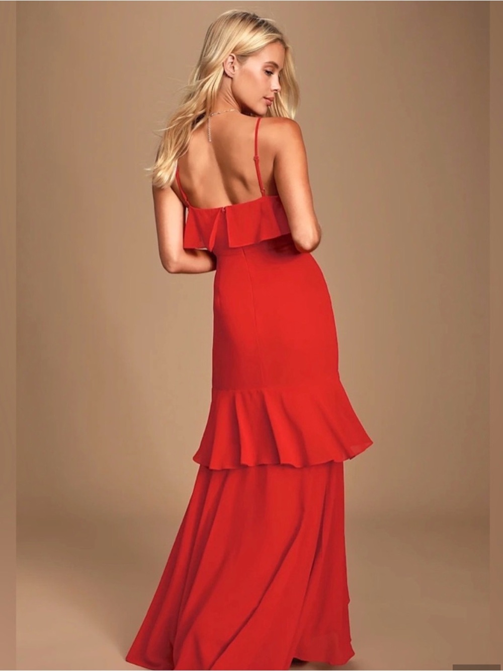 NWT Lulu's Red Shoulder Ruffle Gown - Picture 6 of 6